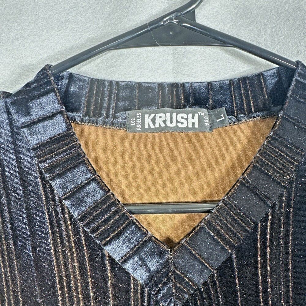 Krush Mens L Black Velvet Striped V-Neck Shirt VTG - Picture 3 of 9